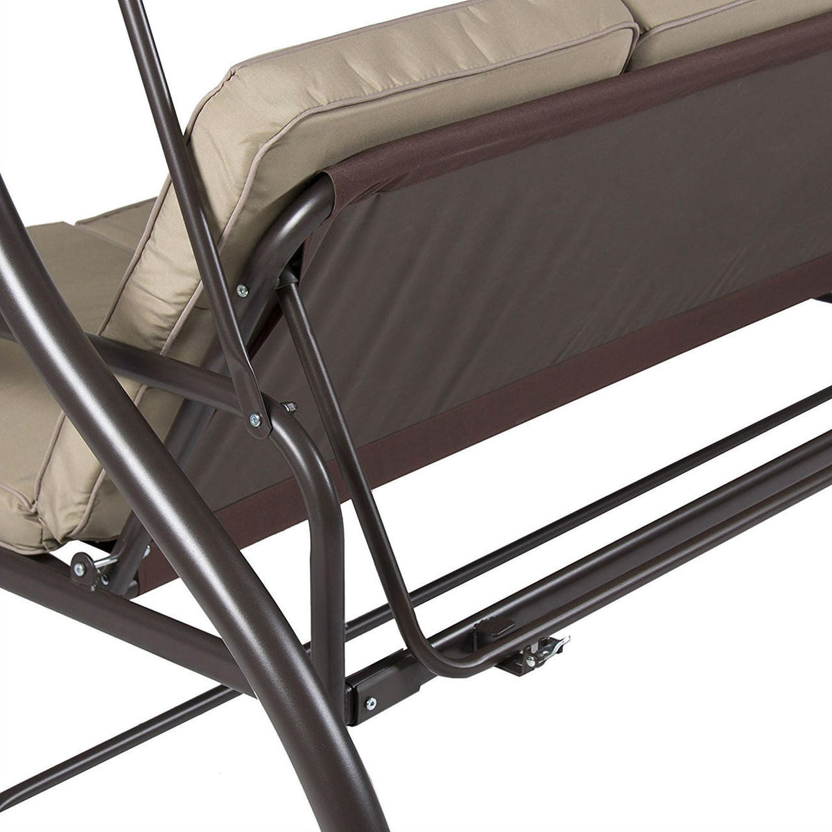 FastFurnishings Tan 3-Seat Outdoor Porch Deck Patio Canopy Swing with Cushions