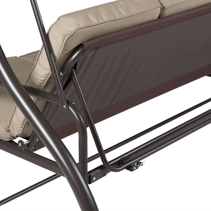 FastFurnishings Tan 3-Seat Outdoor Porch Deck Patio Canopy Swing with Cushions