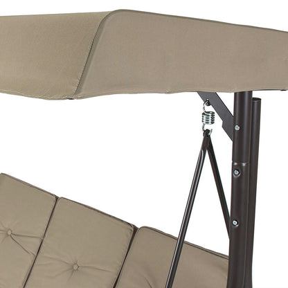 FastFurnishings Tan 3-Seat Outdoor Porch Deck Patio Canopy Swing with Cushions
