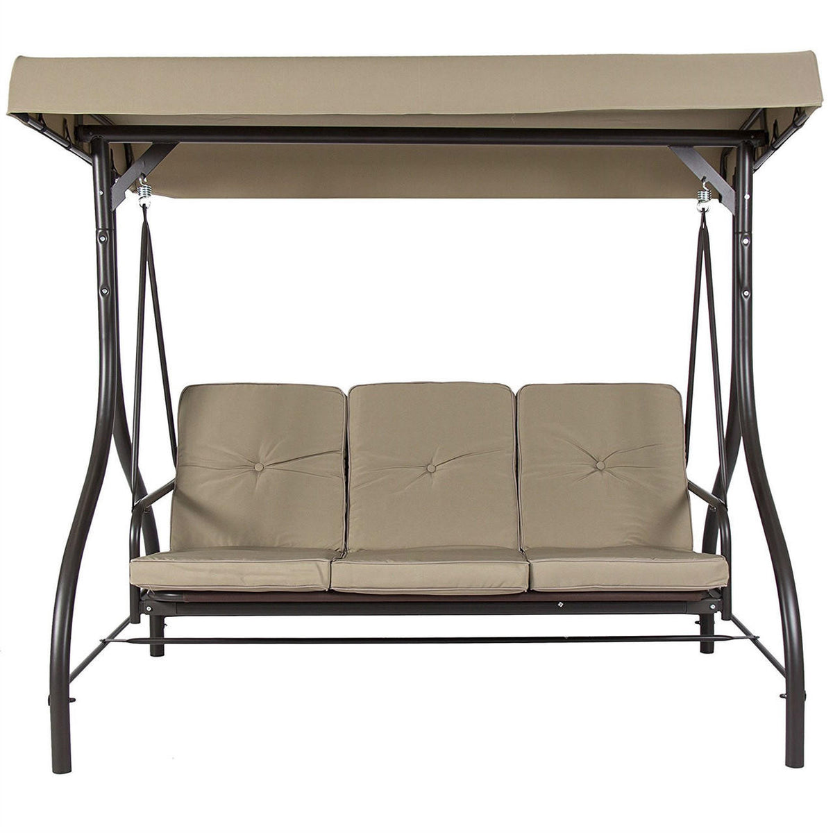 FastFurnishings Tan 3-Seat Outdoor Porch Deck Patio Canopy Swing with Cushions