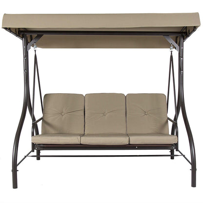 FastFurnishings Tan 3-Seat Outdoor Porch Deck Patio Canopy Swing with Cushions
