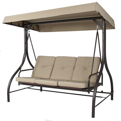FastFurnishings Tan 3-Seat Outdoor Porch Deck Patio Canopy Swing with Cushions