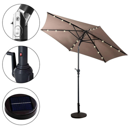 FastFurnishings Tan 9-Ft Patio Umbrella with Steel Pole Crank Tilt and Solar LED Lights