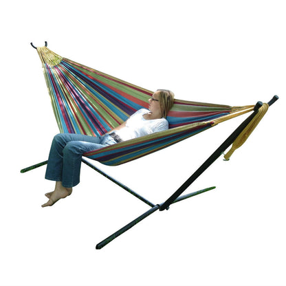 FastFurnishings Tropical Fabric Double Hammock with 9-Foot Steel Stand