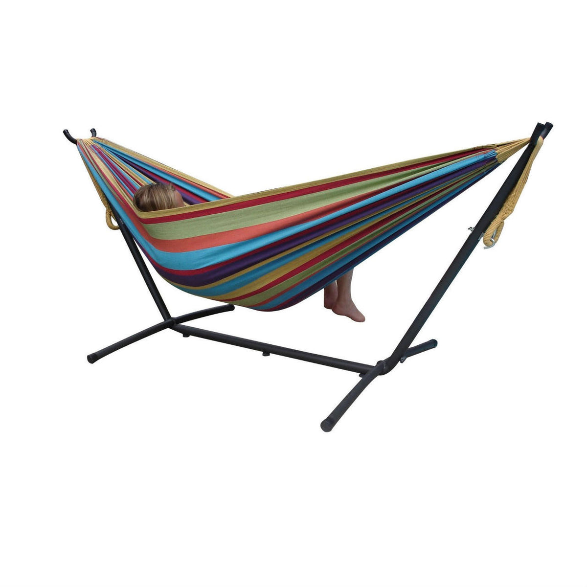 FastFurnishings Tropical Fabric Double Hammock with 9-Foot Steel Stand