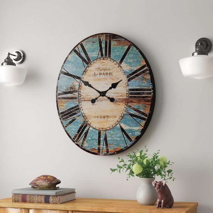 FastFurnishings Turquoise Oversized Distressed Paris Wood Wall Clock