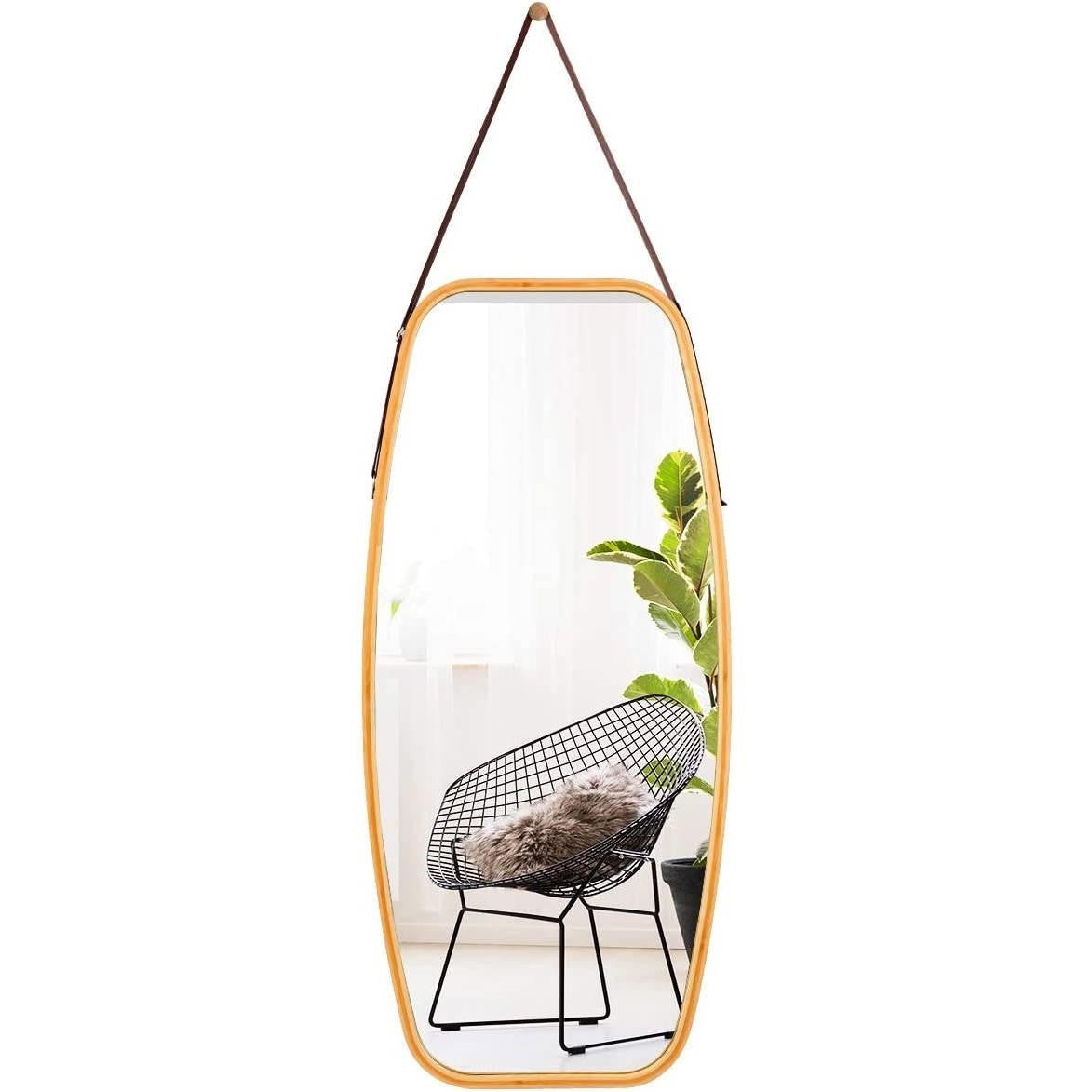 FastFurnishings Wall Hanging Bedroom Bathroom Rectangular Mirror with Bamboo Frame 39 x 18 inch