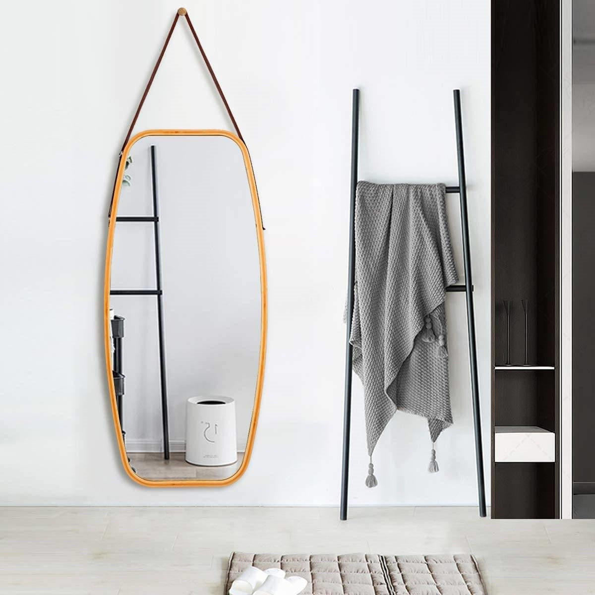 FastFurnishings Wall Hanging Bedroom Bathroom Rectangular Mirror with Bamboo Frame 39 x 18 inch