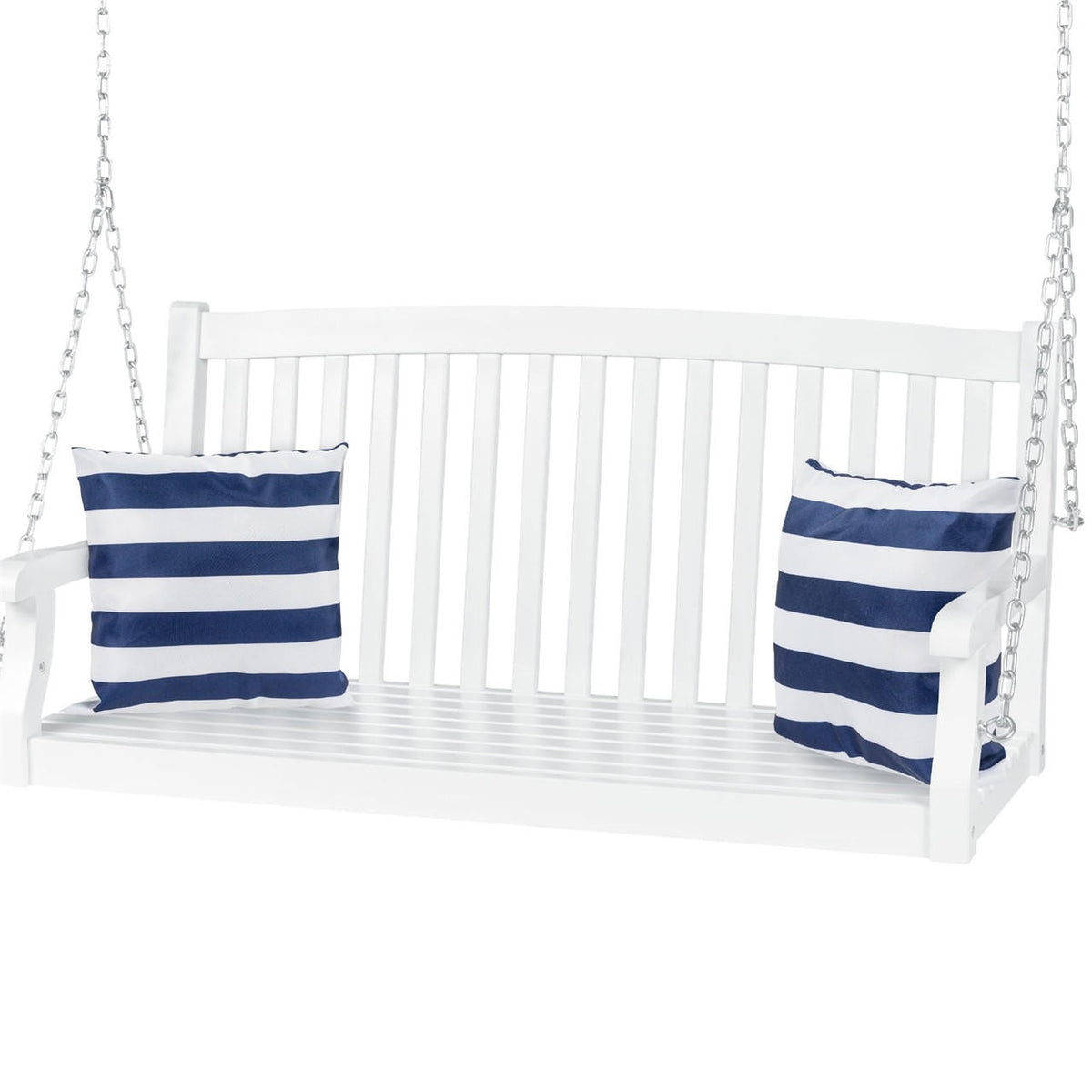 FastFurnishings White Acacia Wooden Curved Back Hanging Porch Swing Bench with Mounting Chains