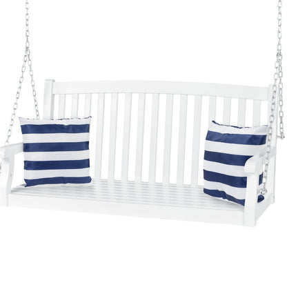 FastFurnishings White Acacia Wooden Curved Back Hanging Porch Swing Bench with Mounting Chains