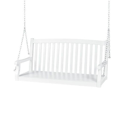 FastFurnishings White Acacia Wooden Curved Back Hanging Porch Swing Bench with Mounting Chains
