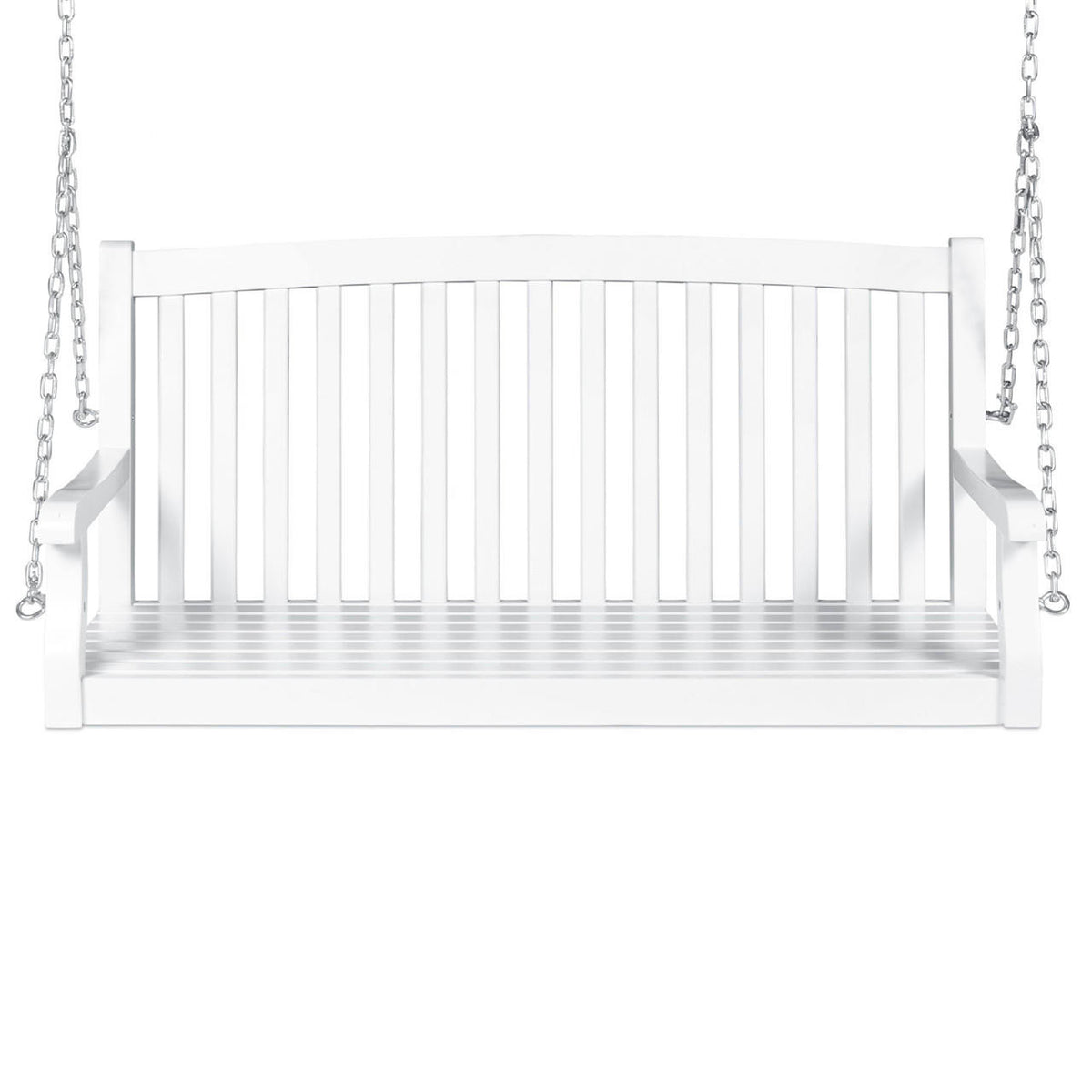 FastFurnishings White Acacia Wooden Curved Back Hanging Porch Swing Bench with Mounting Chains