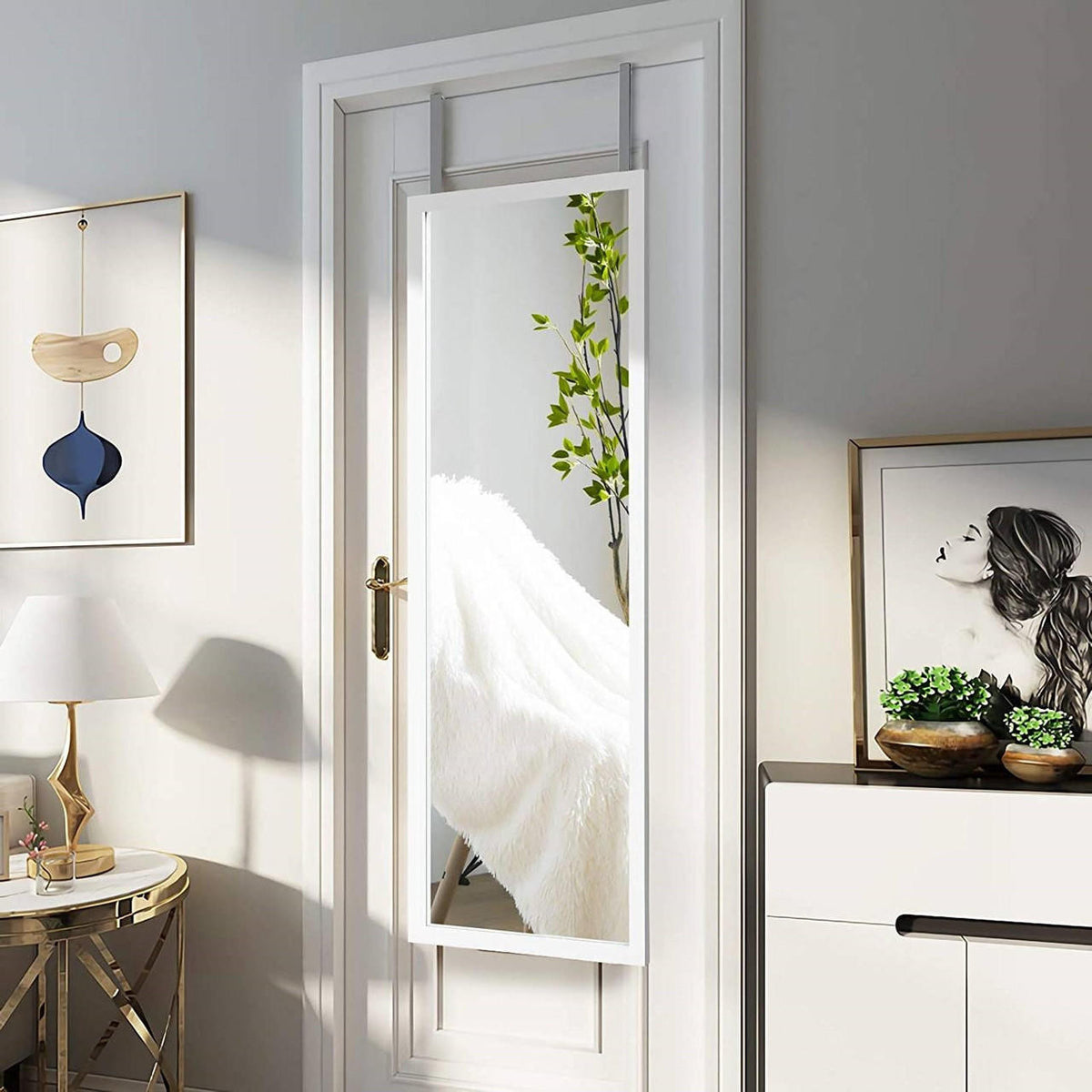 FastFurnishings White Full Length Bedroom Mirror with Over the Door or Wall Mounted Design