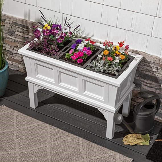 FastFurnishings White Rectangular Raised Garden Bed Planter Box with Removeable Trays