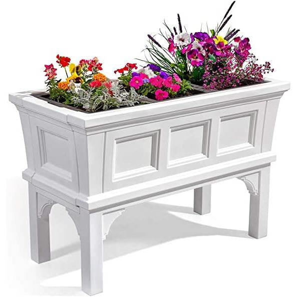 FastFurnishings White Rectangular Raised Garden Bed Planter Box with Removeable Trays