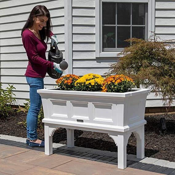 FastFurnishings White Rectangular Raised Garden Bed Planter Box with Removeable Trays