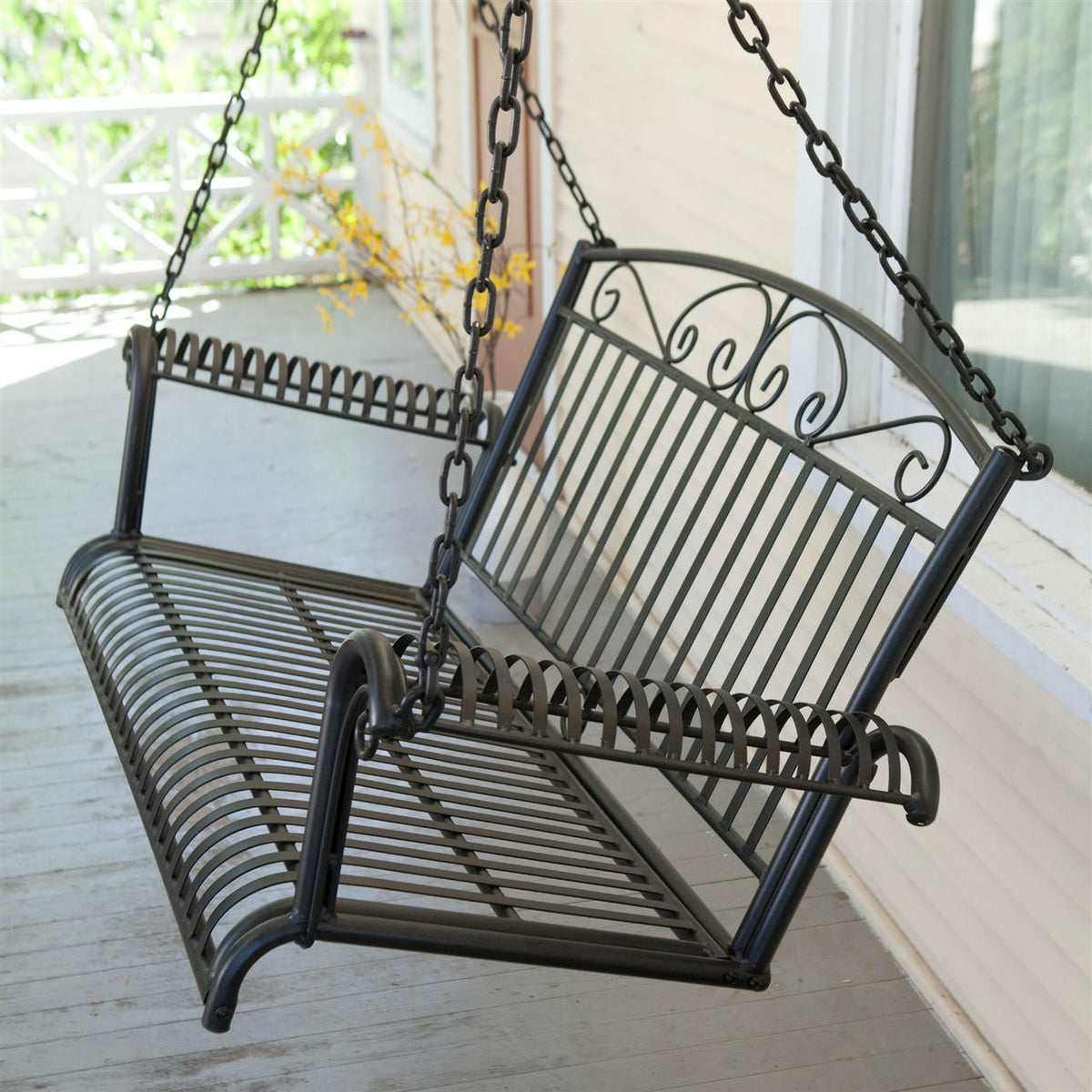 FastFurnishings Wrought Iron Outdoor Patio 4-Ft Porch Swing in Black