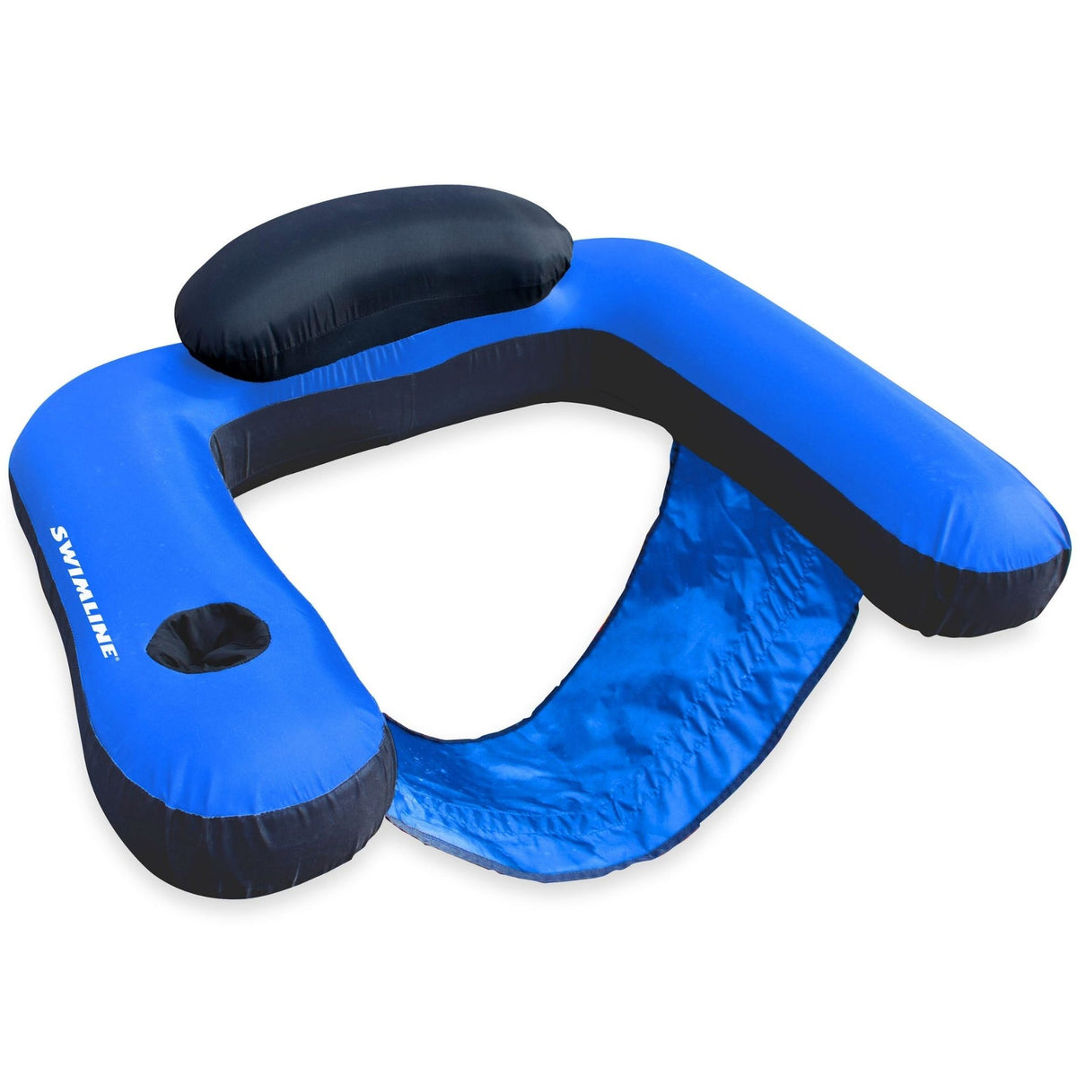 Swimline fabric covered U-seat pool float in blue with mesh sling seat, studio view