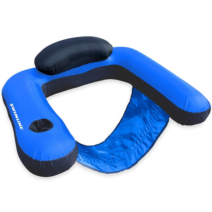 Swimline fabric covered U-seat pool float in blue with mesh sling seat, studio view