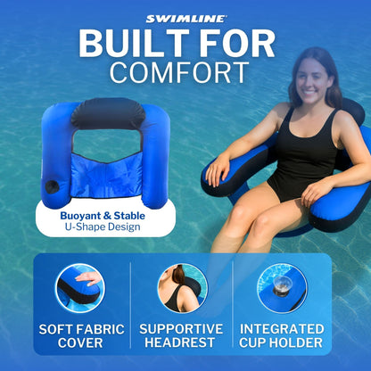 Swimline U-seat pool float built for comfort feature graphic with a woman seated in it