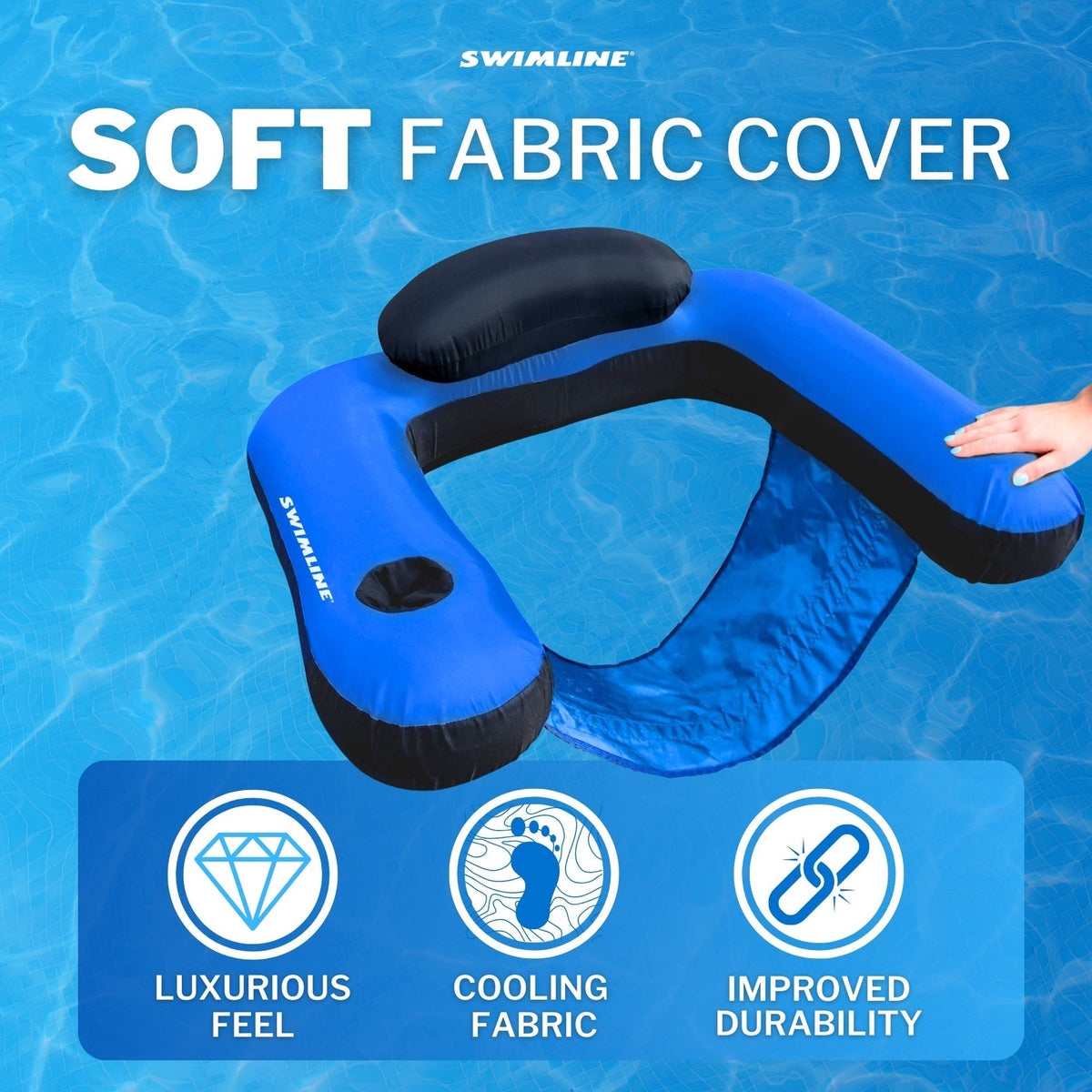 Swimline U-seat pool float soft fabric cover feature graphic with benefit icons