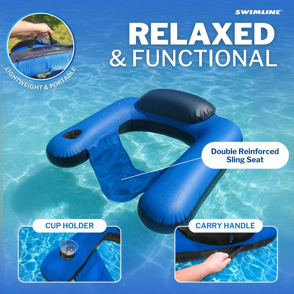 Swimline U-seat pool float relaxed and functional graphic labeling the cup holder and carry handle