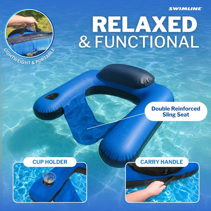 Swimline U-seat pool float relaxed and functional graphic labeling the cup holder and carry handle