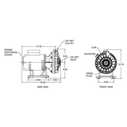 Pentair LA01N booster pump dimension drawing, side and front views