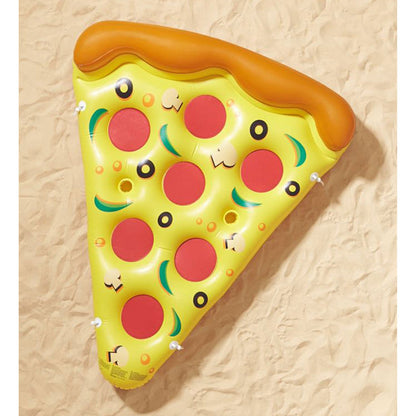 Swimline pizza slice float on sand, full overhead view