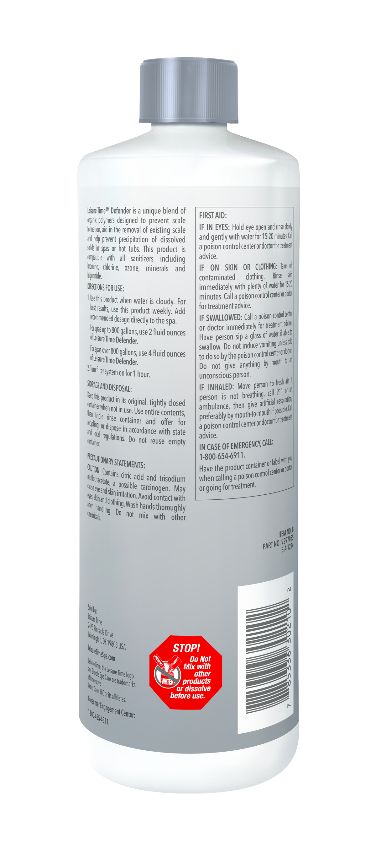 Leisure Time Spa Defender 1 Quart Bottle — manufacturer back label
