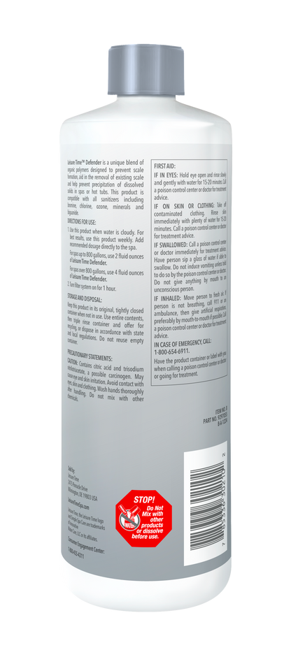 Leisure Time Spa Defender 1 Quart Bottle — manufacturer back label