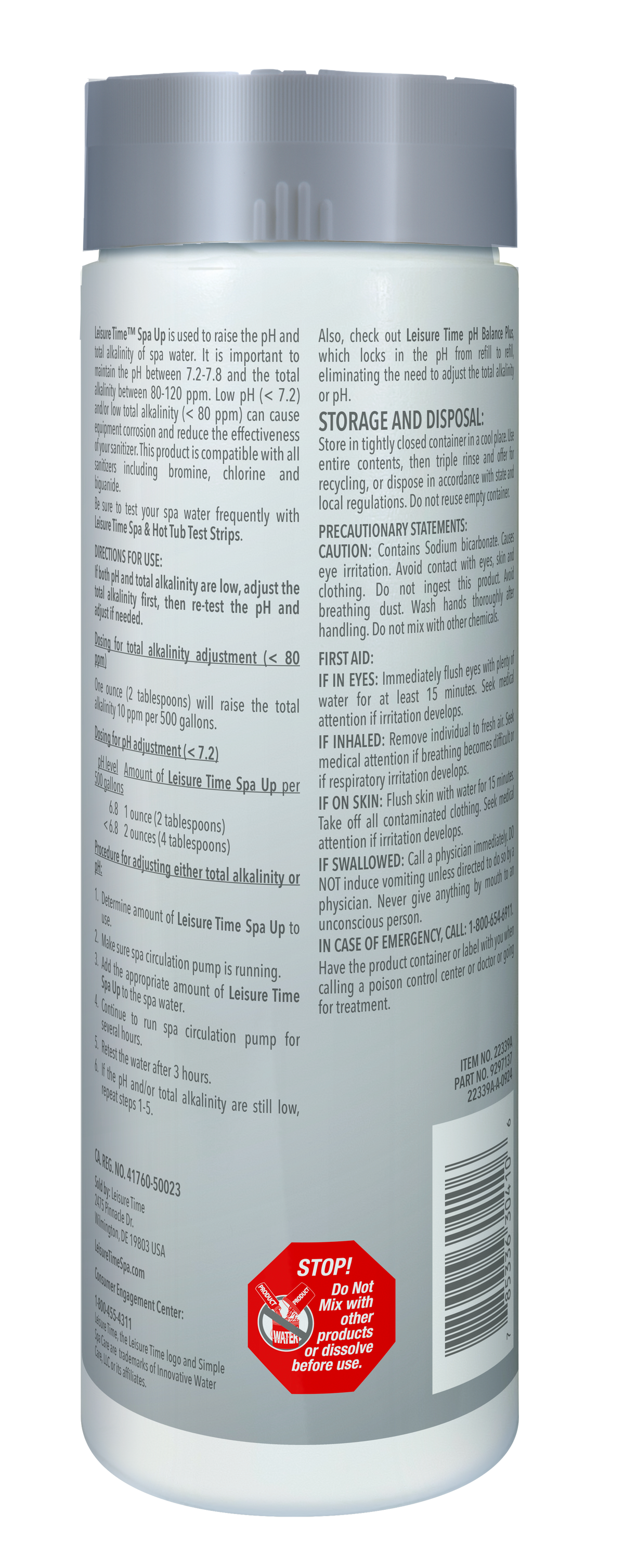 Leisure Time Spa UP 2 lbs — manufacturer back label