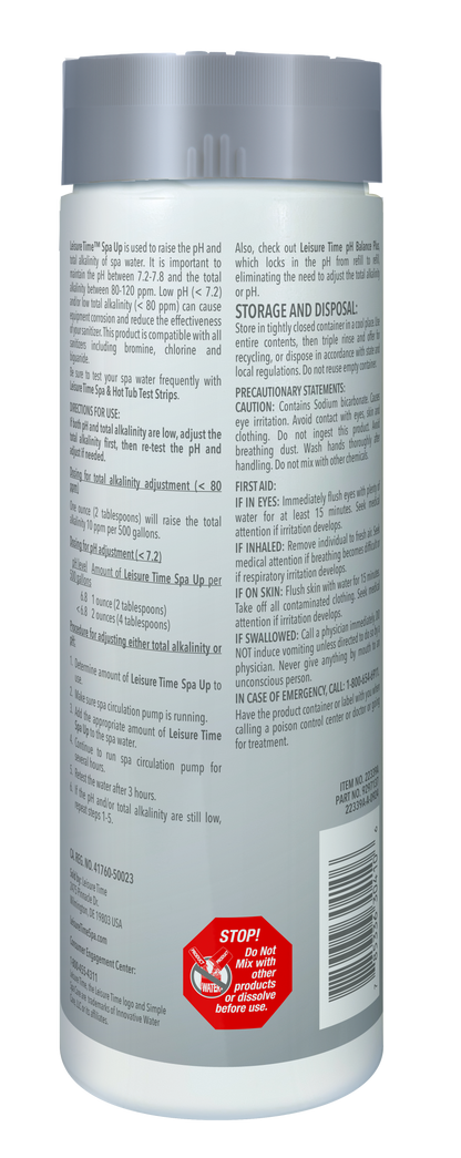 Leisure Time Spa UP 2 lbs — manufacturer back label