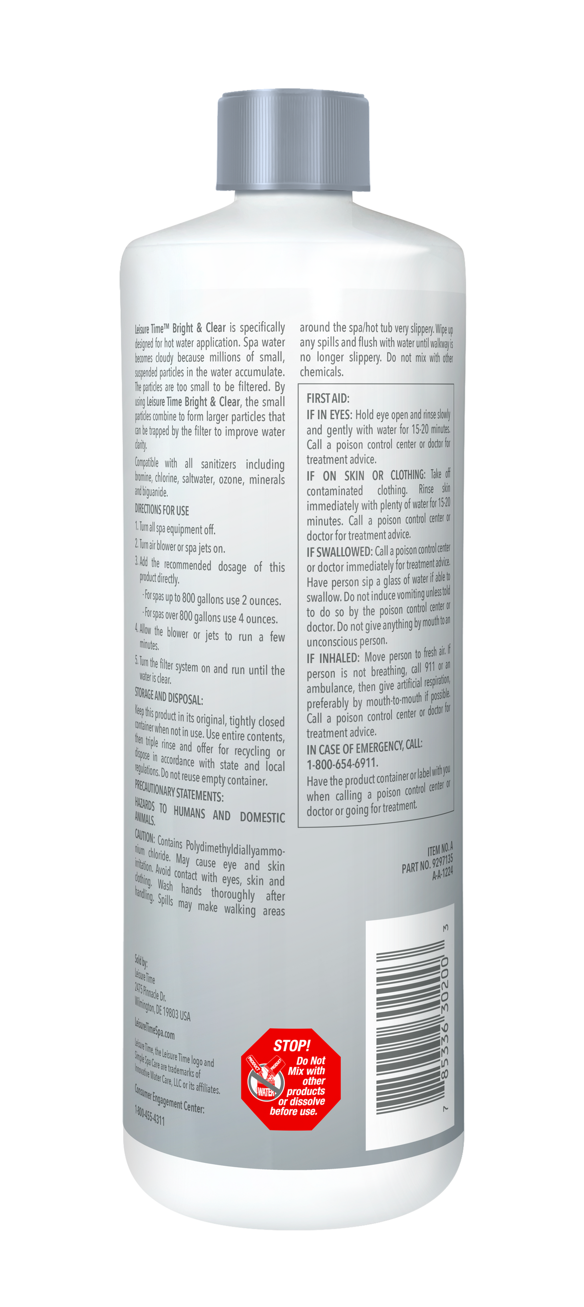Leisure Time Spa Bright and Clear Qrt — manufacturer back label