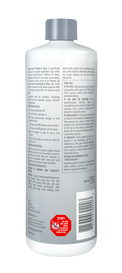 Leisure Time Spa Bright and Clear Qrt — manufacturer back label