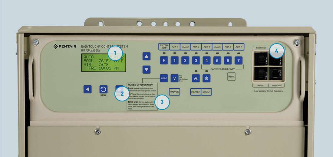 Pentair EasyTouch outdoor control panel close-up with labeled controls