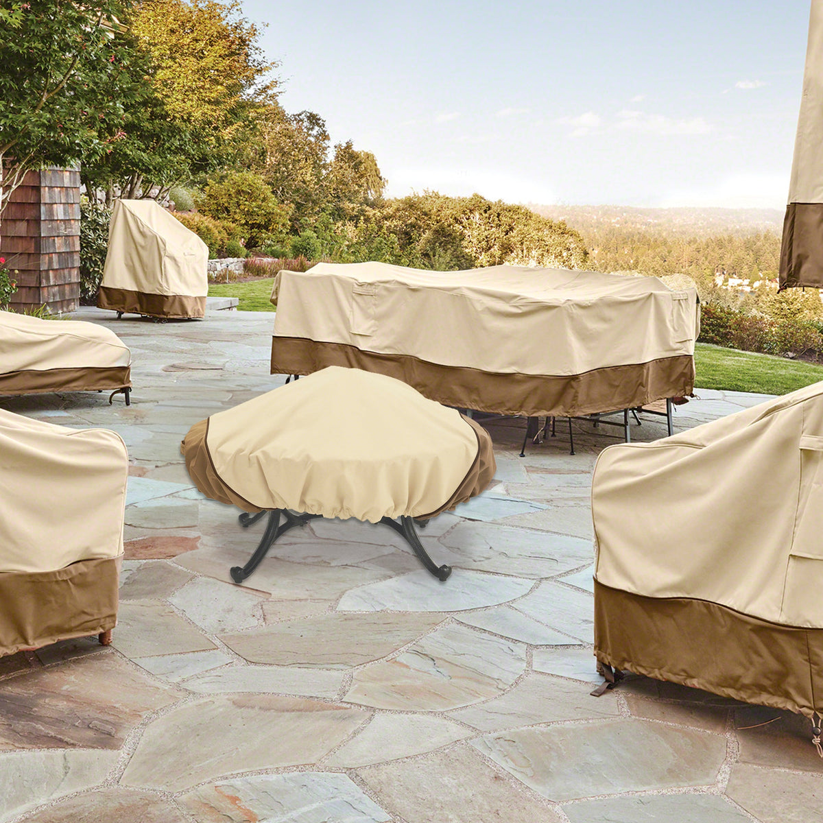 Veranda round fire pit cover on a patio