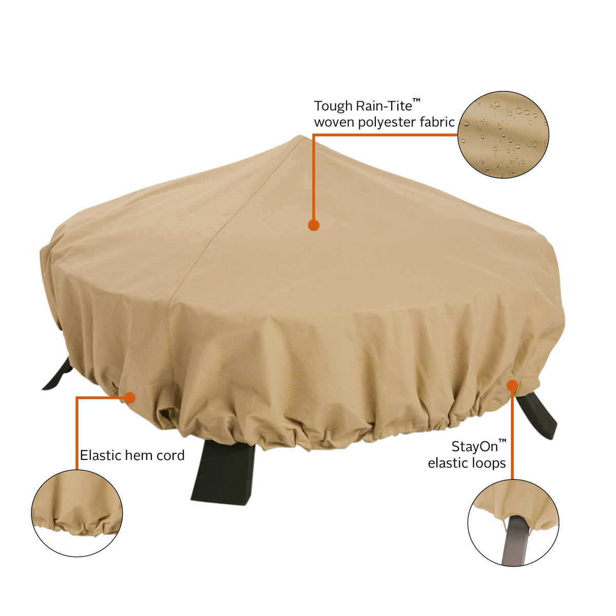 Terrazzo round fire pit cover fabric, elastic hem and attachment loop details