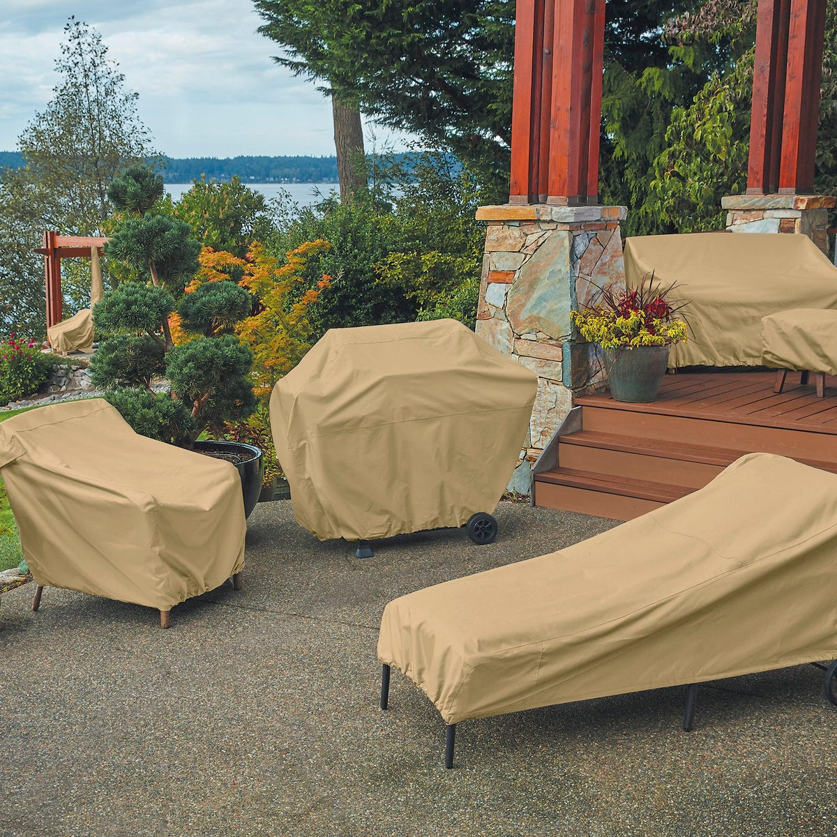 Terrazzo fire pit cover in an outdoor patio setting