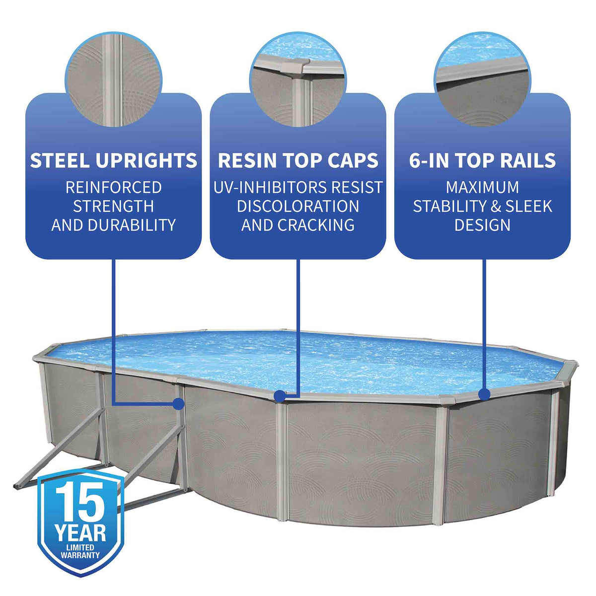 Belize oval 52-inch pool steel uprights, resin caps and 6-inch top rail details