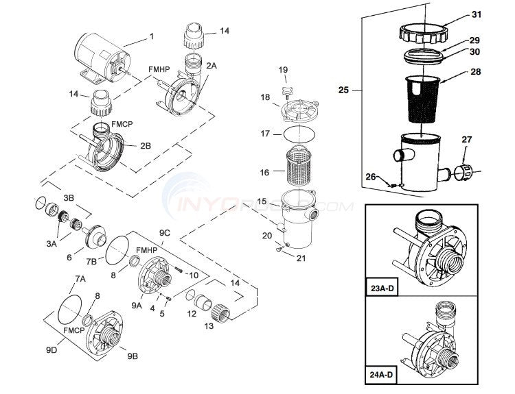 Aqua-Flo Flo-Master FMCP center-discharge pump exploded assembly; FMCP and FMHP alternatives identified