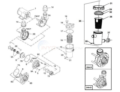 Aqua-Flo Flo-Master FMCP center-discharge pump exploded assembly; FMCP and FMHP alternatives identified
