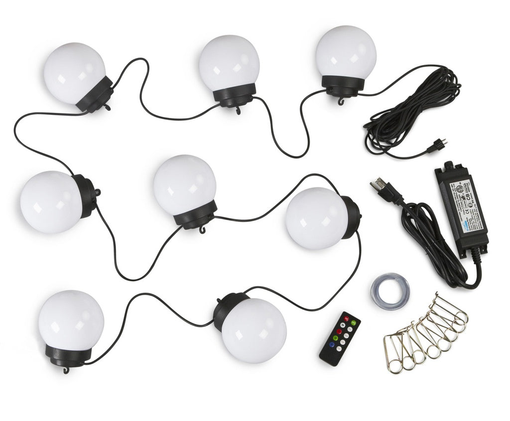 Patio Living Concepts eight-globe LED string, controller, clips and power supply
