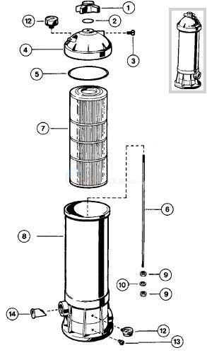 Hayward StarClear C500 compatible filter cartridge installation location in exploded filter assembly