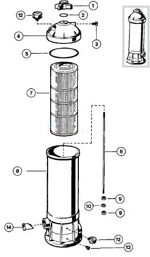 Hayward StarClear C250 compatible filter cartridge installation location in exploded filter assembly