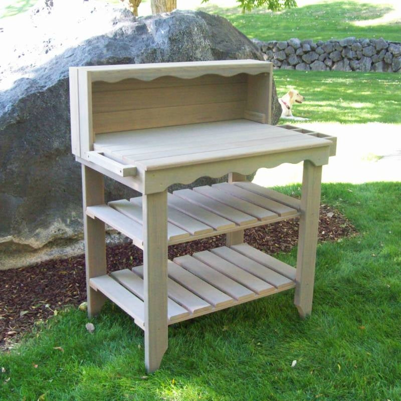 Grey cedar potting bench alternate view showing the work surface and lower shelf