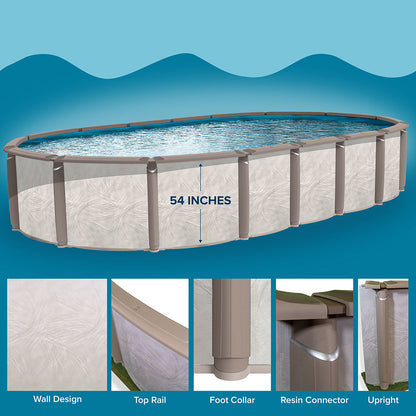 Azor 54-inch oval pool wall, top rail, foot collar and upright detail illustration