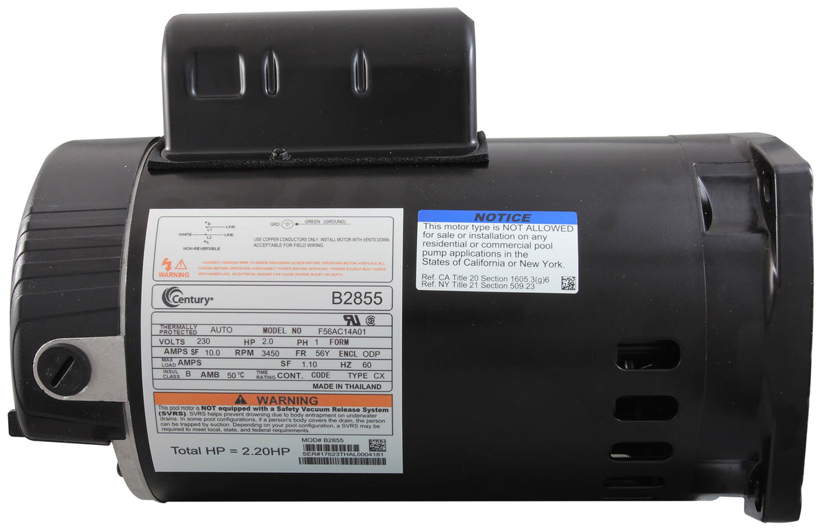 Century B2855 pool pump motor side nameplate and specification label close-up