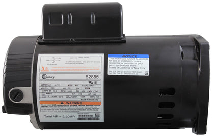 Century B2855 pool pump motor side nameplate and specification label close-up