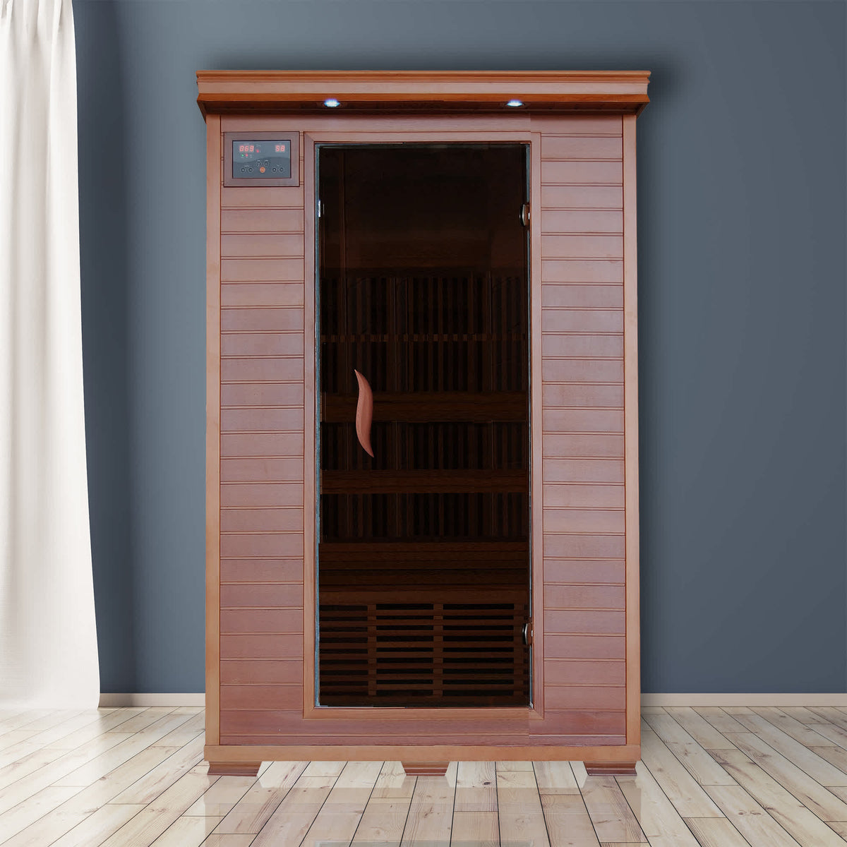 HeatWave Yukon two-person cedar sauna room setting